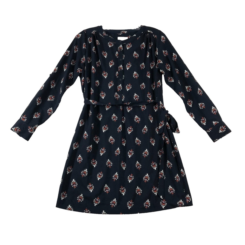 Loft Dress SP Small Petite Navy Blue Button Torso Tie Belt Long‎ Rolled Sleeve